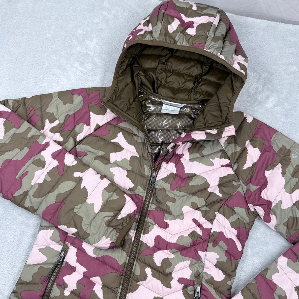 Columbia Powder‎ Lite Hooded Jacket Womens Small Pink Camo Omni-Heat Puffer